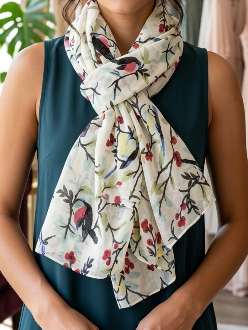 NWT Whimsical Bird & Berry Botanical Scarf Shawl Ivory Floral Boho Wrap 70 × 33